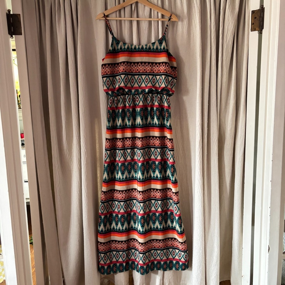 By‎ and By Ikat Tribal Print Maxi Dress Spaghetti Strap Boho Colorful Size M